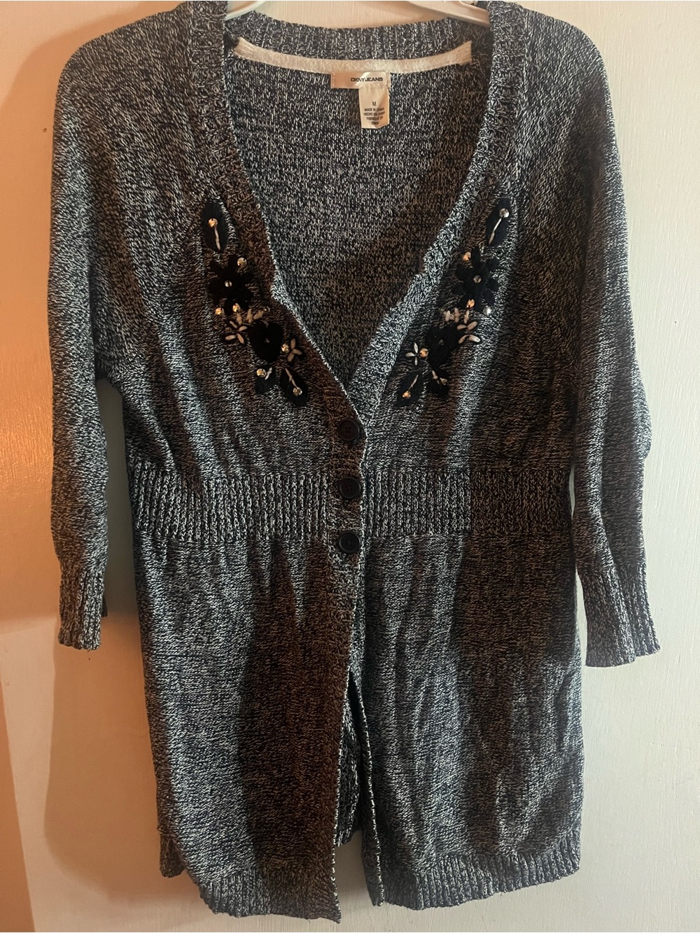 DKNY Charcoal Marled Cardigan with Black Beaded Floral Trim